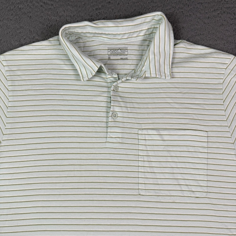Patagonia Polo Shirt Mens M Blue Green Striped 100% Organic Cotton Pocket